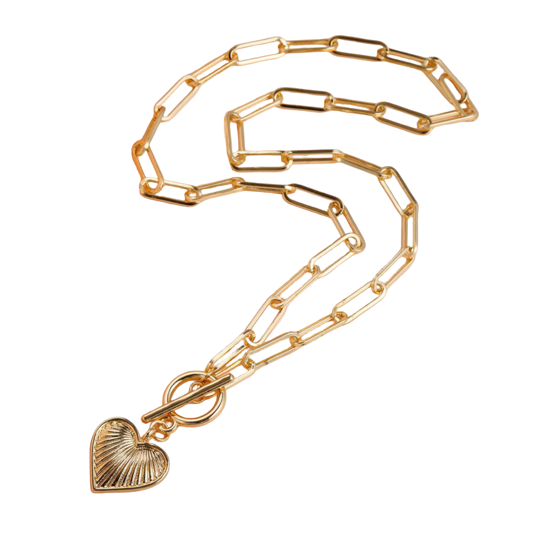 Gold chain necklace with a heart-shaped pendant on a white background