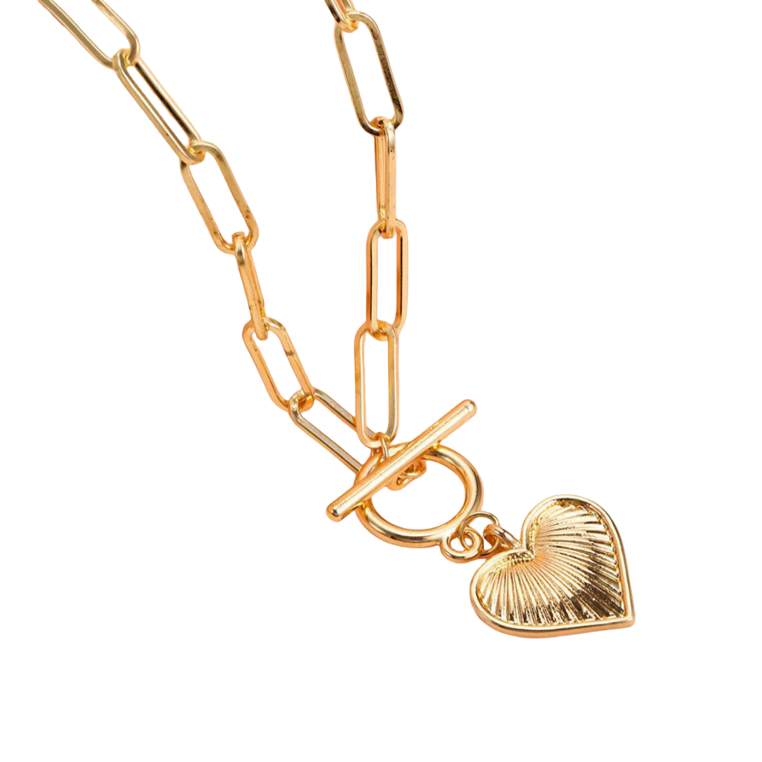 Gold chain necklace with a heart-shaped pendant on a white background
