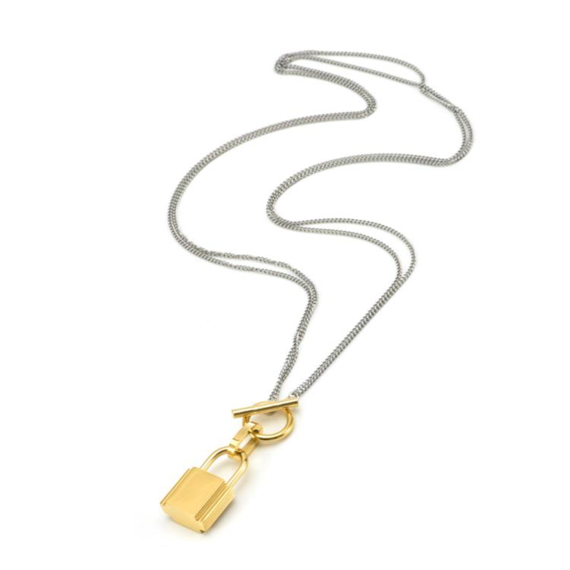 Gold lock pendant on a silver chain against a white background