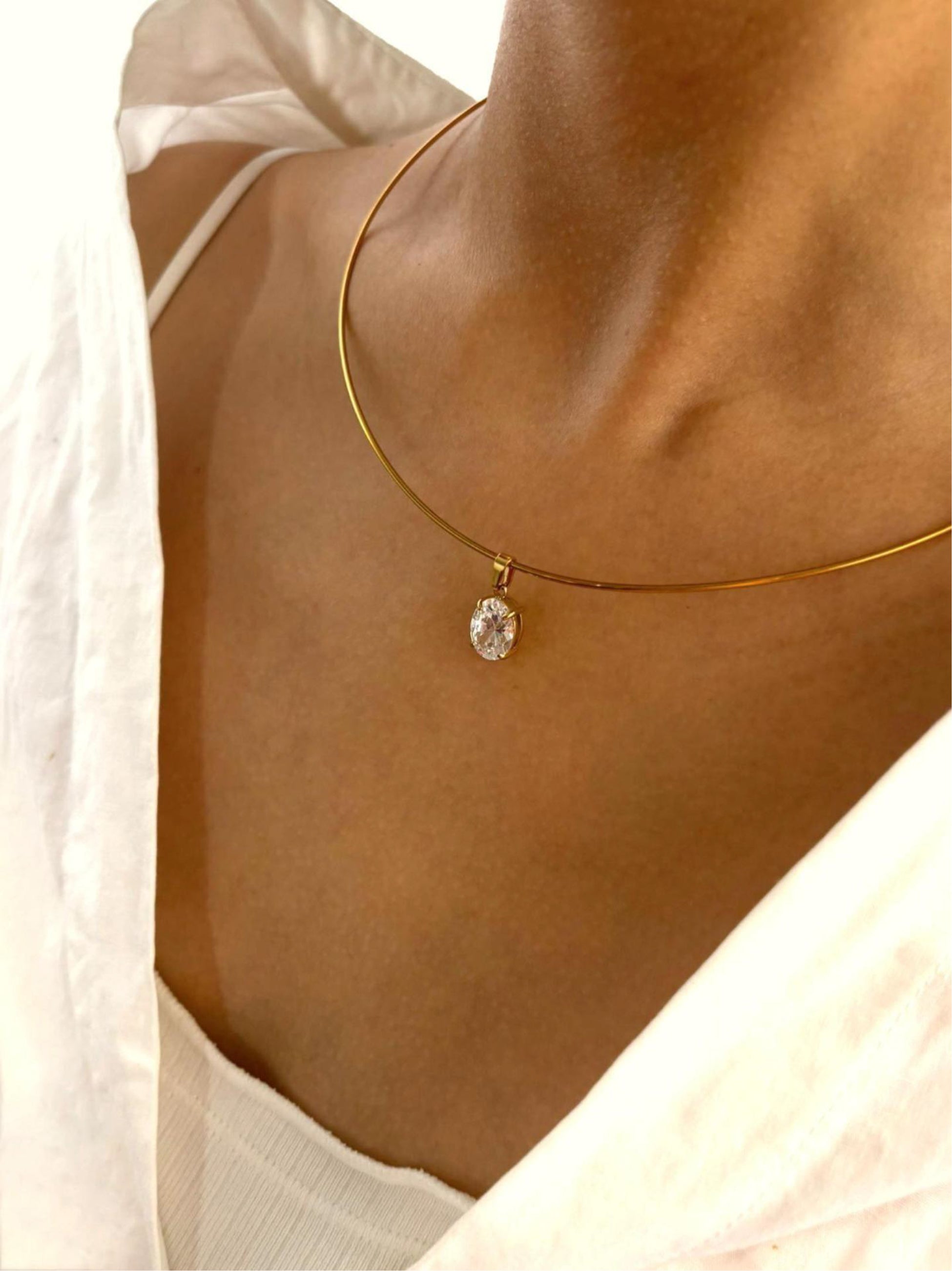 Oval Charm Solid Thin Wire Choker Necklace
