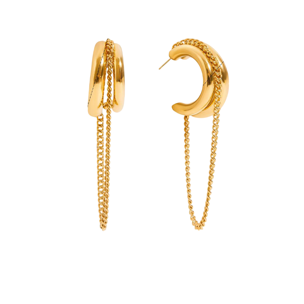 Gold hoop earrings with chain details on a white background
