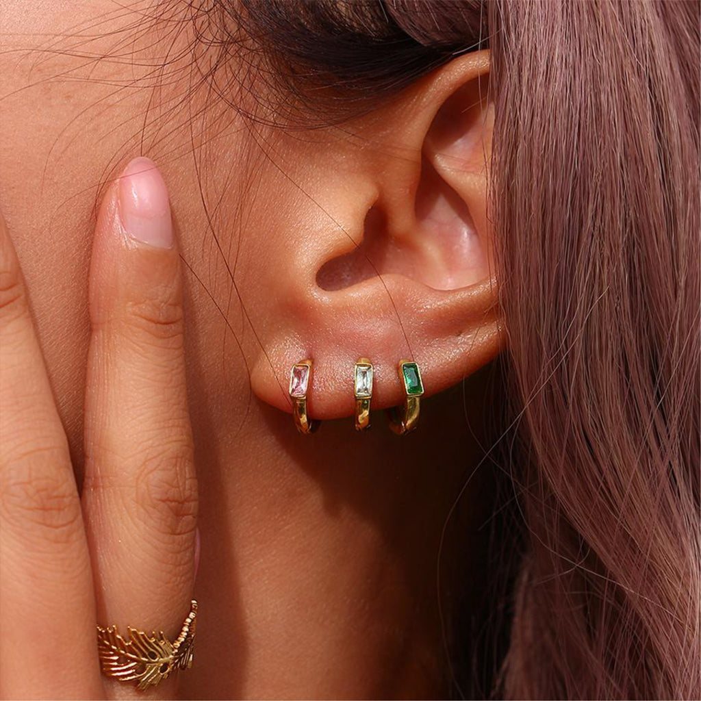 Gold waterproof huggies earrings with green gemstones Waterproof Sweatproof, Anti-Tarnish Charms by Andie
