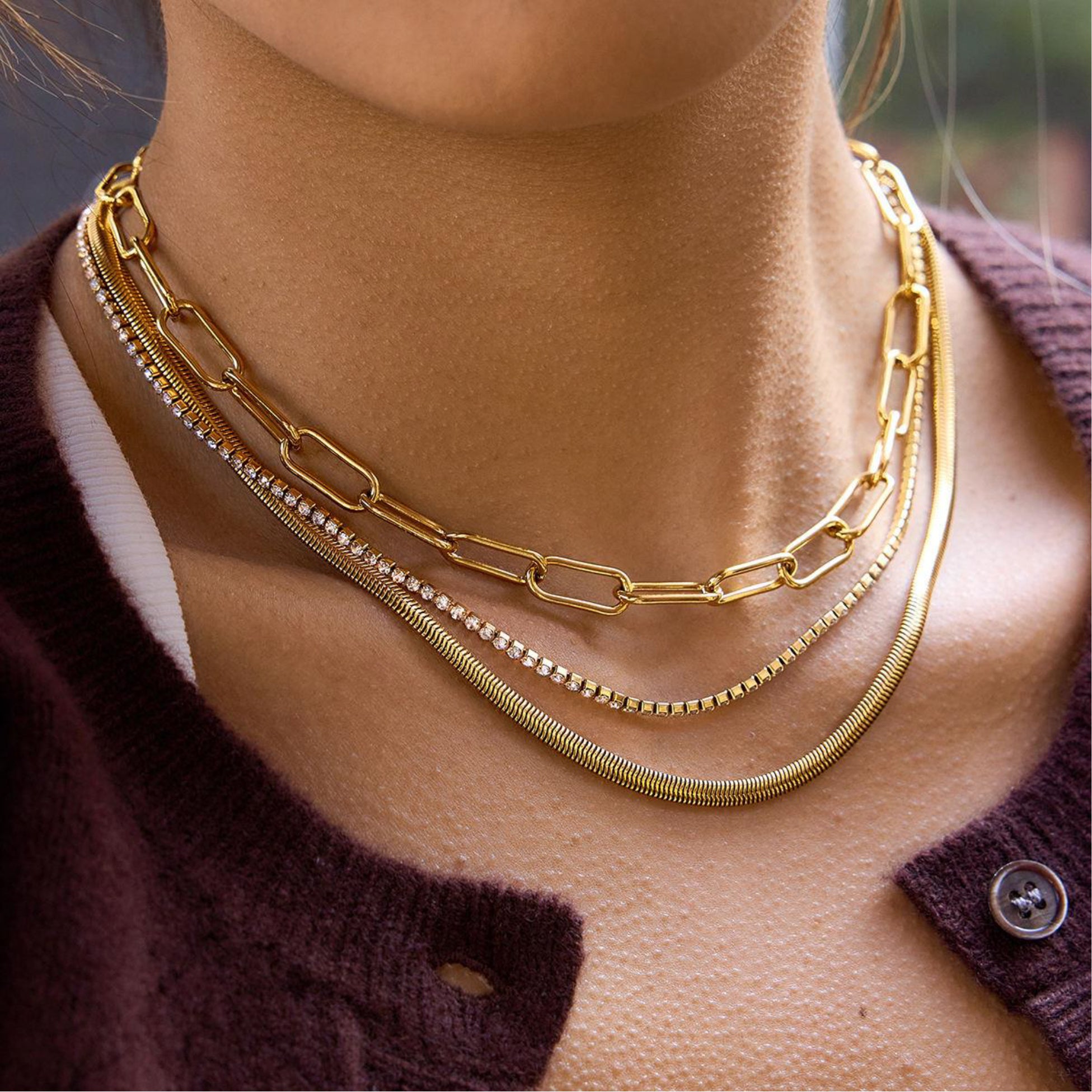 Layered Snake Chain, Tennis & Paperclip Necklace