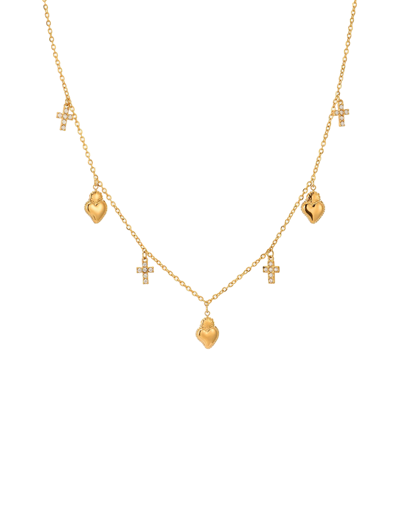 Gold Sacred heart and cross Necklace Waterproof, Sweatproof, Anti-Tarnish Necklace Charms by Andie