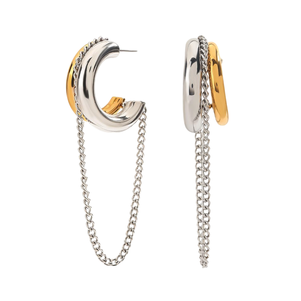 Gold and silver hoop earrings with chains on a white background