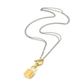 Gold lock pendant on a silver chain against a white background