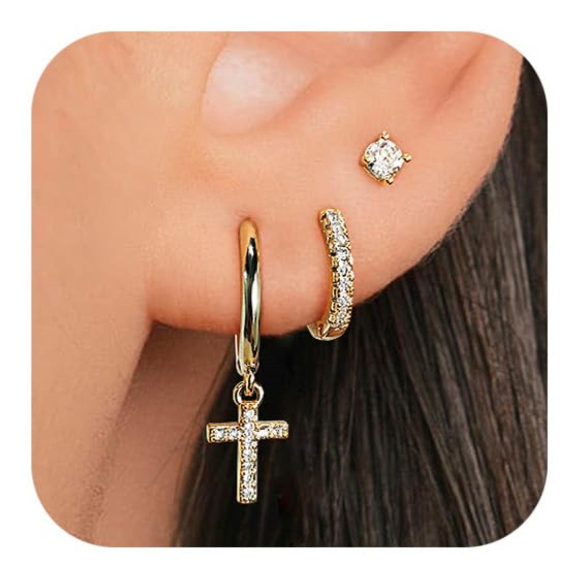 Gold Cross Mini Zircon Ear Huggies Earrings Set Waterproof, Sweatproof, Anti-Tarnish Earrings Charms by Andie